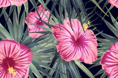 Yeşil kırmızı egzotik desen. Canavar yaprakları ve amber çiçekleri yaz baskısı. Hawaii tişörtü ve mayo fayansı. Yatay romantik vahşi vektör egzotik fayans. Aşırı doğal botanik tasarımı.