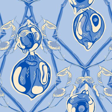 Limonsuz desen. Psikedelik Citron Motifi. Vector Summer Citrus Yazdırma. Modern El Çizimi Arkaplanı. Klasik Mavi ve Indigo Basit İşaretli Kireç. Botanik Çizim.