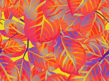 Rose Leaves Leamless Destern 'de. Boyalı İngiliz Yaprak Örnekleri Koleksiyonu. Yaz Tekstil Tasarımı. Tekrarlanan Bahar Şakayığı Duvar Kağıdı. Safran Sarı ve Kırmızı Romantik Botanik Vektör Arkaplanı.