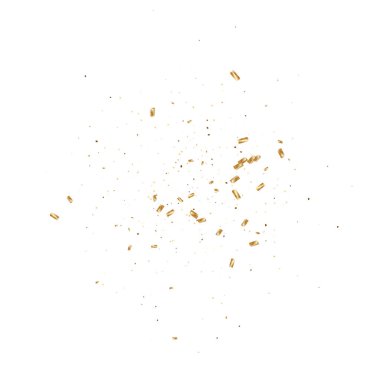  Altın konfetileri, kurdeleler. Parıldıyor. Bokeh geçmişi. Soyut altın yıldönümü davetiye şablonu. Düğün konsepti kartı. Uçan soyut parçacıklar. Patlama kutlama kartı.