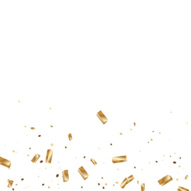  Altın konfetileri, kurdeleler. Parıldıyor. Bokeh geçmişi. Soyut altın yıldönümü davetiye şablonu. Düğün konsepti kartı. Uçan soyut parçacıklar. Patlama kutlama kartı.