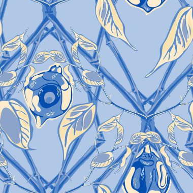 Vector Summer Citrus Yazdırma. Botanik Çizimi. Psikedelik Citron Motifi. Klasik Mavi ve İndigo Limonlu Kusursuz Desen. Basit İşaretli Kireç. Modern El Çizimi Arkaplanı.