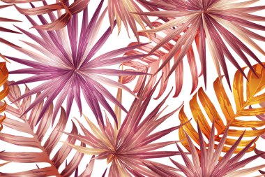 Pembe kırmızı egzotik desen. Canavar yaprakları ve amber çiçekleri yaz baskısı. Hawaii tişörtü ve mayo fayansı. Yatay romantik vahşi vektör egzotik fayans. Güzel bahar botanik tasarımı.