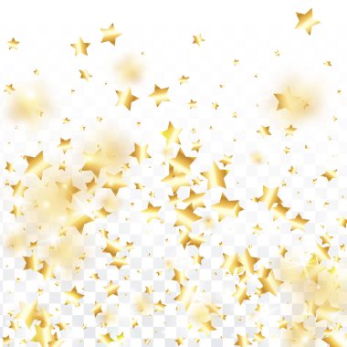 Şeffaf arkaplanda altın yıldız konfetisi. Minimalist düşmüş parçacık. Soyut vektör renkli konfeti. Doğum günü partisi arka planı. Yeni yıl kartı şablonu