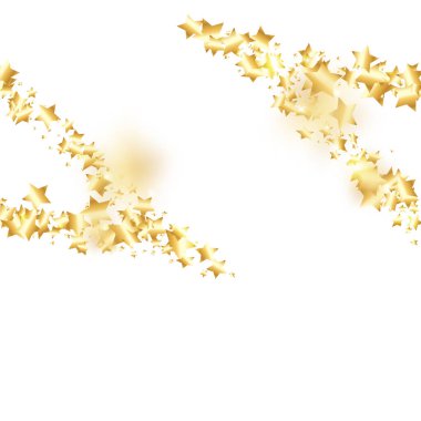Beyaz arka planda altın yıldız konfetisi. Parlak, parlak bir duş. Tatil vektörü renkli konfeti. Parlak dekorasyon arka planı. Noel kartı şablonu