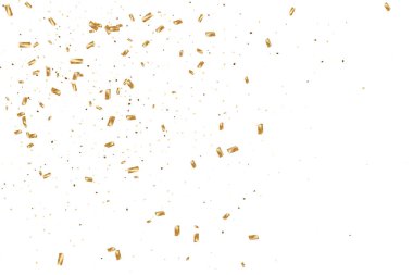  Altın konfetileri, kurdeleler. Parıldıyor. Bokeh geçmişi. Soyut altın yıldönümü davetiye şablonu. Düğün konsepti kartı. Uçan soyut parçacıklar. Patlama kutlama kartı.