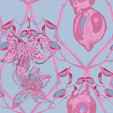 Modern El Çizimi Arkaplanı. Gök mavisi, kırmızı ve nihai gri limon pürüzsüz desen. Vector Summer Citrus Yazdırma. Basit İşaretli Kireç. Botanik Çizimi. Psikedelik Citron Motifi.