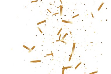  Altın konfetileri, kurdeleler. Parıldıyor. Bokeh geçmişi. Soyut altın yıldönümü davetiye şablonu. Düğün konsepti kartı. Uçan soyut parçacıklar. Patlama kutlama kartı.