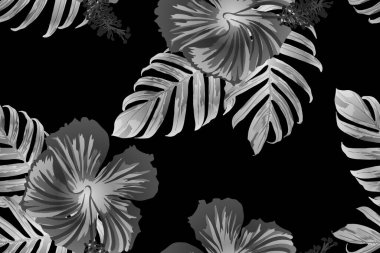 Siyah beyaz egzotik desen. Canavar ve amber çiçekleri tropik buket. Hawaii tişörtü ve mayo fayansı. Yatay Kaliforniya doğal doku tasarımı. Aşırı doğal botanik tasarımı.