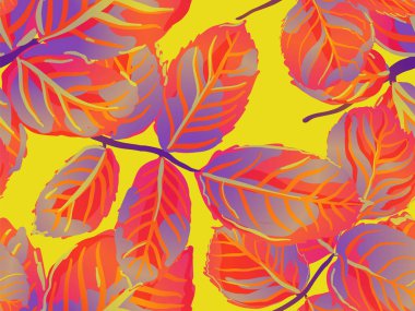 Rose Leaves Leamless Destern 'de. Romantik Botanik Vektör Geçmişi. Yaz Tekstil Tasarımı. Safran sarısı ve kırmızı boyalı İngiliz gül yaprağı desenleri koleksiyonu. Tekrarlanan Bahar Şakayık Duvar Kağıdı.
