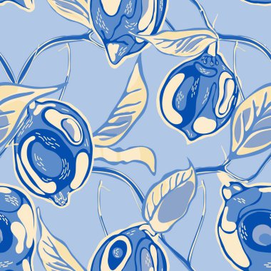 Limonsuz desen. Basit İşaretli Kireç. Klasik Mavi ve İndigo Vektörü Summer Citrus Print. Modern El Çizimi Arkaplanı. Botanik Çizimi. Psikedelik Citron Motifi.