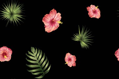 Yeşil kırmızı egzotik desen. Canavar ve amber çiçekleri tropik buket. Doymuş büyük çiçekli mayo izi. Yatay Kaliforniya doğal doku tasarımı. Güzel bahar botanik tasarımı.