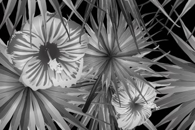 Siyah beyaz egzotik desen. Canavar ve amber çiçekleri tropik buket. Hawaii tişörtü ve mayo fayansı. Yatay Kaliforniya doğal doku tasarımı. Aşırı doğal botanik tasarımı.