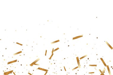  Altın konfetileri, kurdeleler. Parıldıyor. Bokeh geçmişi. Soyut altın yıldönümü davetiye şablonu. Düğün konsepti kartı. Uçan soyut parçacıklar. Patlama kutlama kartı.