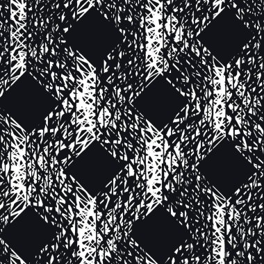 Tek renkli Vektör kusursuz şablon. Dönüşüm düzeni. Ink grunge ızgarası. Elle çizilmiş kusursuz kontrol kalıbı. Etnik ekoseli grafiksel arka plan. Kusursuz şablon arkaplanı.