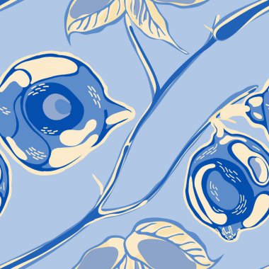 Botanik Çizimi. Psikedelik Citron Motifi. Limonsuz desen. Basit İşaretli Kireç. Modern El Çizimi Arkaplanı. Vector Summer Citrus Yazdırma. Klasik Mavi ve İndigo