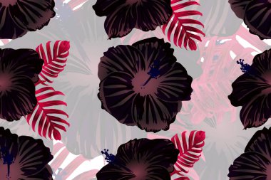 Tropikal desen. Kırmızı ve siyah egzotik yaz çiçeği vektör arka planı. Güzellik fasyonu canavarı, palmiye yaprakları ve amber çiçekleri. Hawaii tropik ormanı sonsuz iz. Doğal mayo tasarımı.