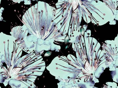 Cesur soyut çiçek deseni. Mavide Büyük Egzotik Kusursuz Parmak İzi, Indigo Arkaplan. Büyük Tropik Bahar Maracuja Sonsuz Arkaplanı. Modern Kalın Soyut Çiçek Deseni.