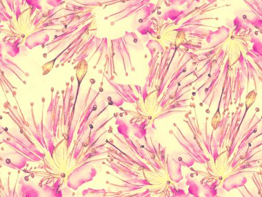 Kalın Çiçekler. Pembe ve Sarı Arkaplanda Büyük Egzotik Kusursuz Parmak izi. Büyük Egzotik Bahar Kova Maracuja Sonsuz Arkaplanı. Soyut Kalın Çiçek Yazdırma. 