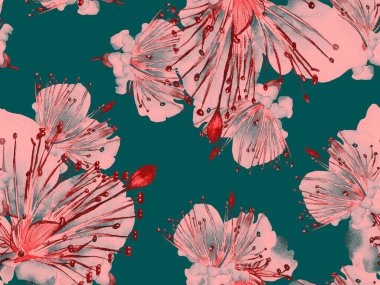 Çiçek desenli moda. Kızıl Arkaplanda Büyük Hawaii Kusursuz Parmak izi. Büyük Egzotik Yaz Maracuya Sonsuz Geçmişi. Rastgele Çiçek Deseni.