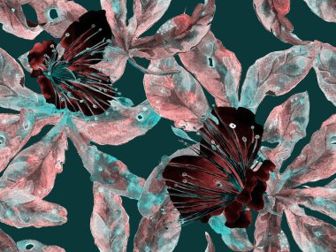 Kalın Çiçek deseni. Yeşil ve Kırmızı Arkaplanda Büyük Ormansız Parmak izi. Büyük Hawaii Baharı Maracuja Sonsuz Arkaplanı. Modern Kalın Çiçek Deseni.