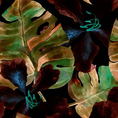 Egzotik desen. Suluboya tropik çiçekler ve canavar yaprakları. Palm ve Hibiscus ormanları pürüzsüz. Yaz Hawaii suluboya geçmişi. Tropik palmiyeler, canavarlar, çiçek desenleri..