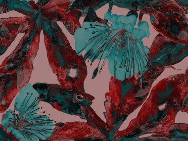 Cesur Çiçek Tasarımı. Yeşil ve Kızıl Arkaplanda Büyük Egzotik Kusursuz Parmak izi. Büyük Hawaii Baharı Sulu Lilikoi Sonsuz Geçmişi. Sanatsal Kalın Çiçek Tasarımı.