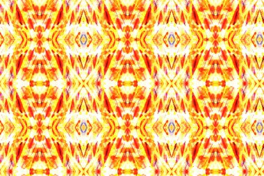 Suluboya Etnik Tasarım. Sembol geometrik mayo deseni. Boya fırçası Python arka planı. Kilim Cildi Rastgele Doku. Sarı, Kırmızı ve Bej Eğlenceli Dikdörtgen İkat Uyum. Etnik Kusursuz Desen.