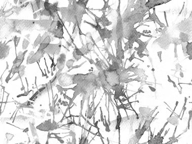 Sıvı, pürüzsüz desen. Siyah beyaz suluboya fırça darbesi grunge tasarımı. Suluboya soyut sıçrama boyası tasarımı. Kademeli mürekkep lekeleri. Toprak sıçrama deseni. Sıvı damlayan fırça sonsuz iz. 