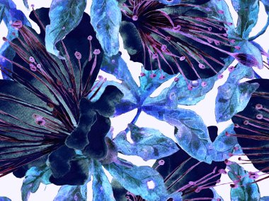 Bold Floral Print. Büyük bir Hawai parmak izi, mavi, Indigo arka planında. Büyük Hawaii Yaz Sulu Maracuja Sonsuz Arkaplan. Moda Kalın Çiçek Yazdırma.