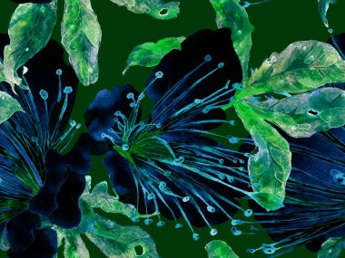 Cesur Çiçek Tasarımı. Yeşil Arkaplanda Büyük Tropikal Kusursuz Parmak izi. Büyük Tropik Yaz Maracuja Sonsuz Arkaplanı. Sanatsal Kalın Çiçek Tasarımı.