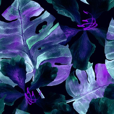 Egzotik desen. Suluboya tropik çiçekler ve canavar yaprakları. Palm ve Hibiscus ormanları pürüzsüz. Bahar Hawaii suluboya geçmişi. Avuç içleri, canavarlar, mayo izleri..