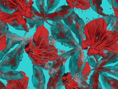 Bold Floral Print. Yeşil ve Kızıl Arkaplanda Büyük Tropikal Kusursuz Parmak izi. Büyük Egzotik Bahar Maracuja Sonsuz Arkaplanı. Moda Kalın Çiçek Yazdırma.