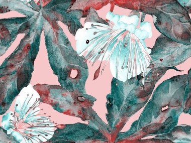 Cesur soyut çiçek deseni. Yeşil ve Kırmızı Arkaplanda Büyük Egzotik Kusursuz Parmak izi. Büyük Tropik Yaz Aquarelle Maracuya Sonsuz Arkaplan. Modern Kalın Soyut Çiçek Deseni.