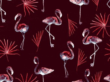 Büyük flamingo hippi kızıl Hawaii 'nin kusursuz deseni. İlkbahar suluboya tişört baskısı. Doymuş hippi mayo, tüylü kuşları olan fayanslar. Flamingolu yatay fayans.