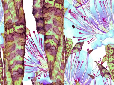 Klasik Eko Uyum. Suluboya kusursuz desen bırakır. Egzotik Mayo Tasarımı. Hawaii Kova Parmak izi. Aqua Menthe ve Proton Mor Yaz Çiçek Arkaplanı. Botanik Ormanı Çizimi.