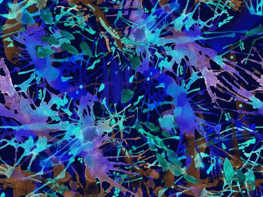 Sıvı, pürüzsüz desen. Mavi suluboya fırça darbesi grunge tasarımı. Suluboya soyut sıçrama boyası tasarımı. Elle çizilmiş mürekkep lekeleri. Toprak sıçrama deseni. Sıvı damlayan fırça sonsuz iz. 