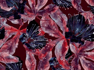 Cesur soyut çiçek deseni. Kızıl Arkaplanda Büyük Egzotik Kusursuz Parmak izi. Büyük Orman Bahar Aquarelle Tutku Meyvesi Sonsuz Arkaplan. Modern Kalın Soyut Çiçek Deseni.