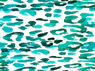 Yeşil Leopar Kusursuz Desen. Suluboya El Çita Yazısı. Vahşi Cilt Egzotik Doku. Geometrik Kürk arka planı. Leopar ve Jaguar Deri. Suluboya El Boyalı Cilt Deseni.