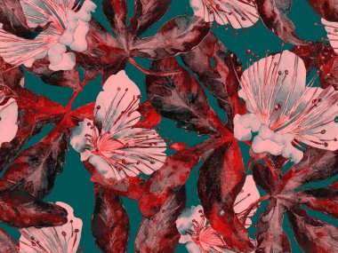 Bold Floral Print. Yeşil ve Kızıl Arkaplanda Büyük Hawaii Kusursuz Parmak izi. Büyük Hawaii Yaz Sulu Maracuya Sonsuz Arkaplan. Moda Kalın Çiçek Yazdırma.