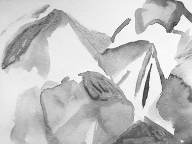 Dağ Çizimi. Şekillendirilmiş Japon Suluboya Dağları. Asya Yürüyüşü Rocky arka planı. Tek krom ve gri tonlu eğlence Himalayaları. Suluboya Kore baskısı. Çağdaş Geometrik Çizim.