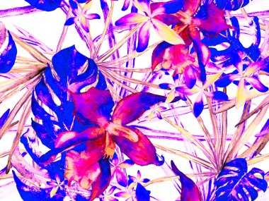 Orkideli mayo baskısı, Palm Leaves. Pembe ve Mor Orkide Kusursuz Şablon. Suluboya Çiçek Geçmişi. Tropik Yaz Baskısı. Egzotik Hawaii Tasarımı. Tayland Döşeme Dokusu.