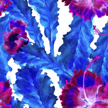 Tropikal desen. Suluboya egzotik çiçekler ve canavar yaprakları. Palm ve Hibiscus ormanları pürüzsüz. Yaz Hawaii suluboya geçmişi. Tropik palmiyeler, canavarlar, çiçek desenleri..