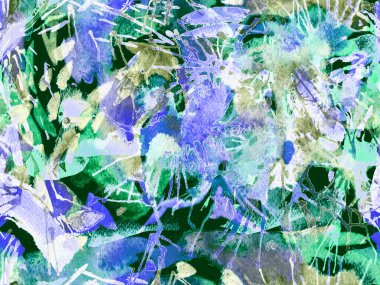 Püskürme izi yok. Mavi suluboya fırça darbesi grunge fayans. Suluboya soyut sıçrama boyası tasarımı. Elle çizilmiş mürekkep lekeleri. Toprak sıçrama deseni. Sıvı damlayan fırça sonsuz iz.