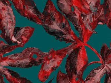 Bold Floral Print. Yeşil ve Kırmızı Arkaplanda Büyük Egzotik Kusursuz Parmak izi. Büyük Tropik Bahar Maracuja Sonsuz Arkaplanı. Moda Kalın Çiçek Yazdırma.