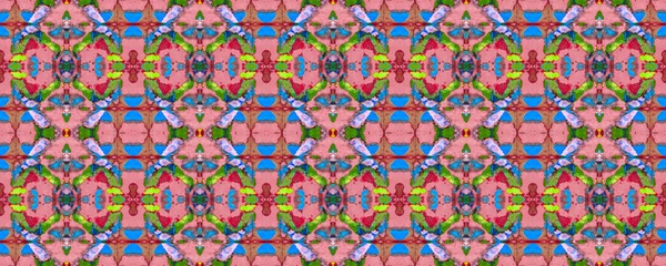 Fun Symmetric Border Rapport. Geometric Ethnic Seamless Pattern. Watercolor Hand Drawn Batik. Psychedelic Folk Background. Allover Ethnic Swimwear Design. Blue Ikat Horizontal Texture.
