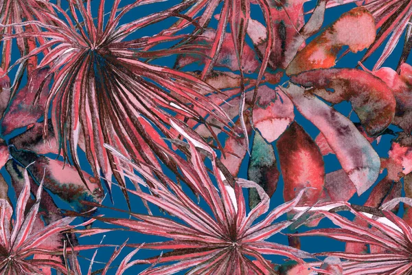 Green and Red Palm Leaves Fun Texture. Tropical Seamless Pattern. Ethnic Aloha Rapport. Exotic Foliage Bikini Background.  Watercolor Horizontal Tropic Design. Palm Geometric Swimwear Pattern.