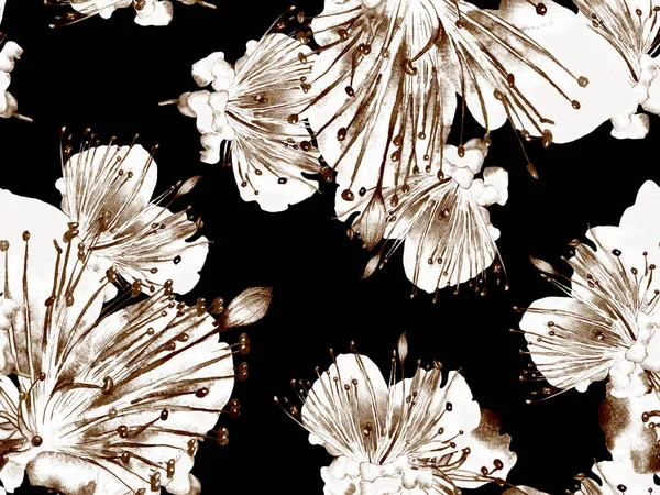 Bold Flower Pattern. Big Hawaii Seamless Print on Black and White Background. Big Hawaiian Spring Watercolor Lilikoi Endless Background. Modern Bold Flower Pattern.