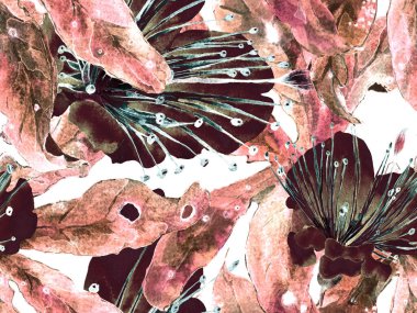 Cesur Çiçek Tasarımı. Kızıl Arkaplanda Büyük Tropikal Kusursuz Parmak İzi. Büyük Orman Yazı Maracuya Sonsuz Arkaplanı. Sanatsal Kalın Çiçek Tasarımı.