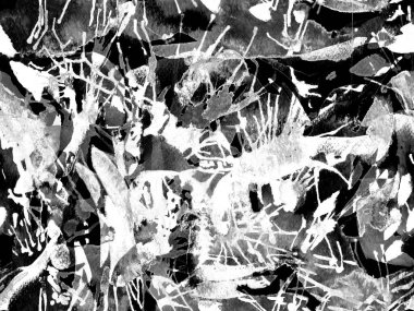 Püskürme izi yok. Siyah beyaz suluboya fırça darbesi grunge tasarımı. Suluboya boya boya tasarımı. Elle çizilmiş mürekkep lekeleri. Toprak sıçrama deseni. Sıvı damlayan fırça sonsuz iz. 